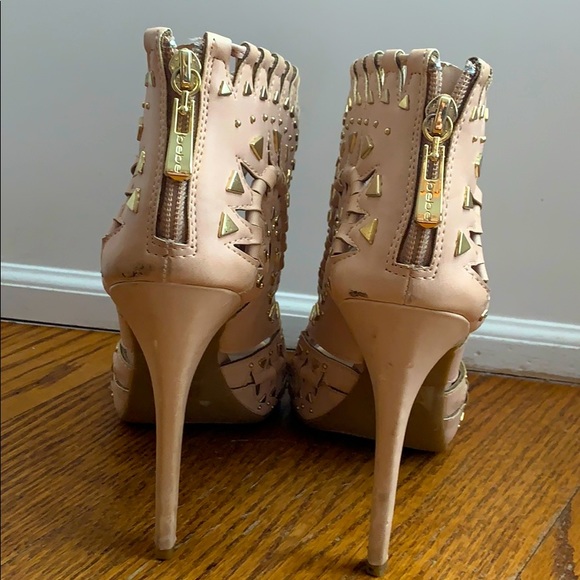 Bebe Faux Leather Peep Toe Heels with Gold Studs - Picture 2 of 4
